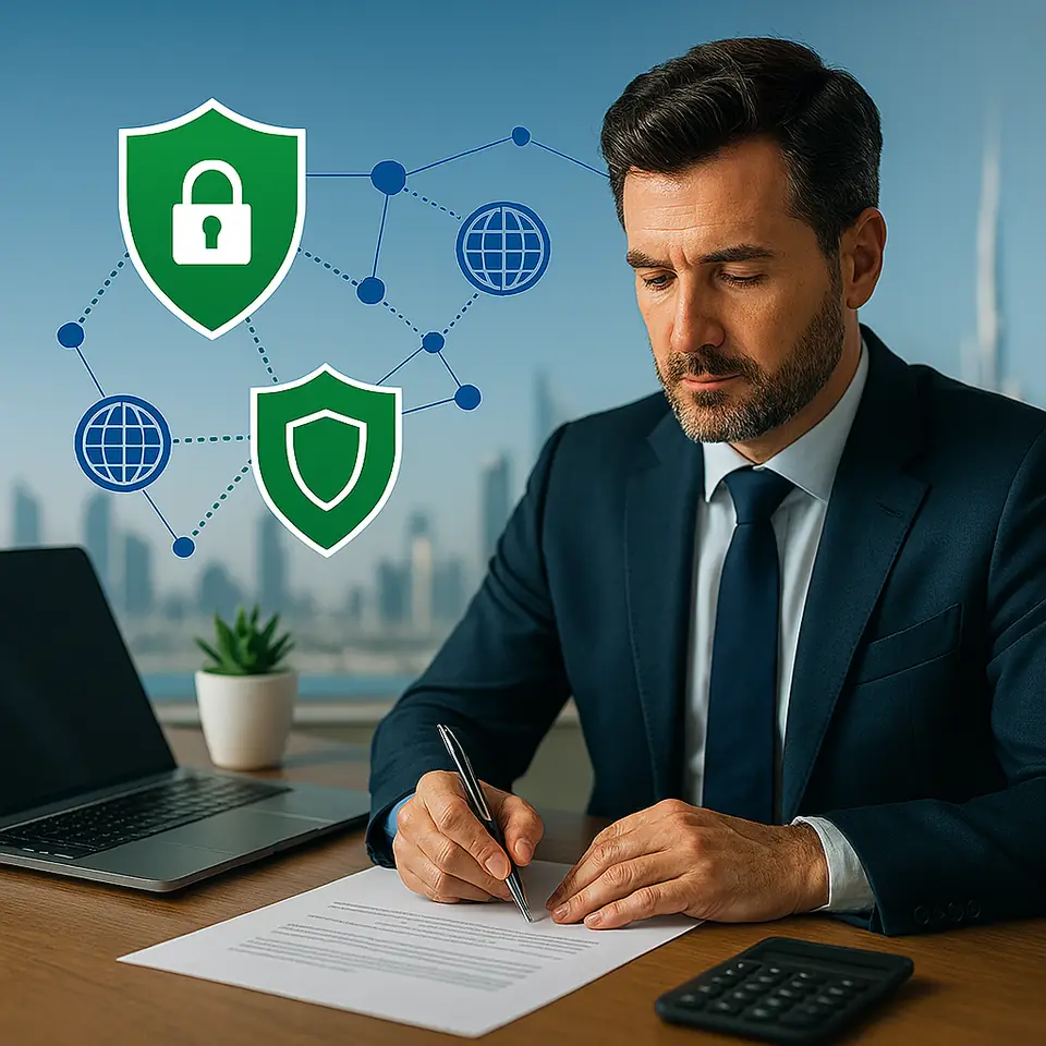 Business advisor reviewing documents with security and network icons