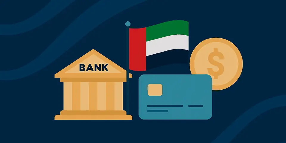 Illustration of a UAE bank, flag and bank card