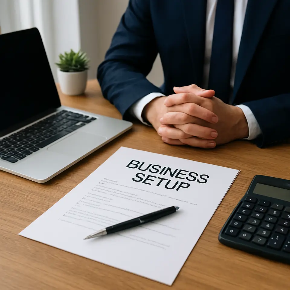 Business setup documents, laptop and calculator on a desk