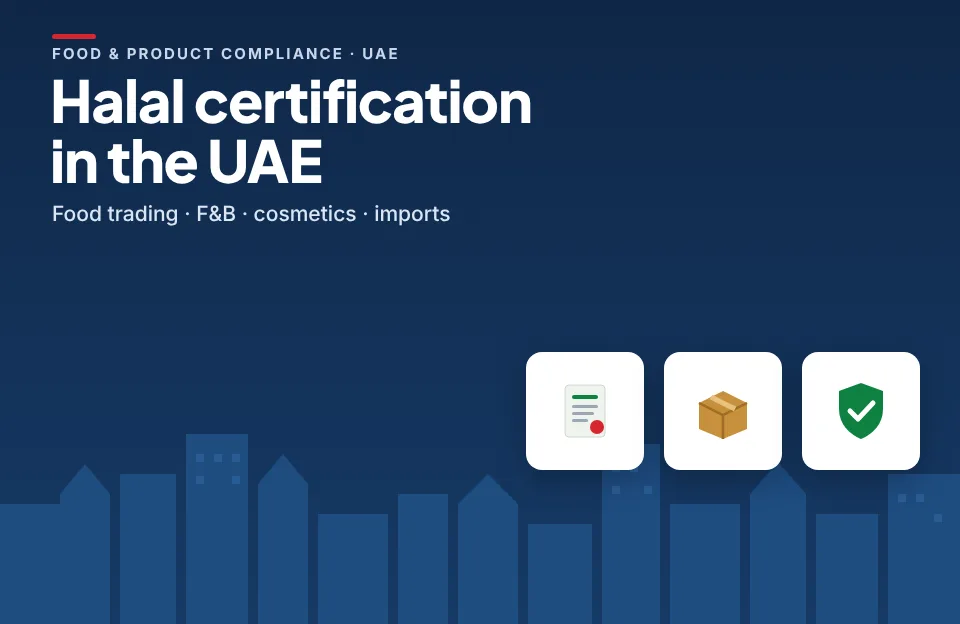 Illustration of a certificate, a product box and a green check shield over a city skyline
