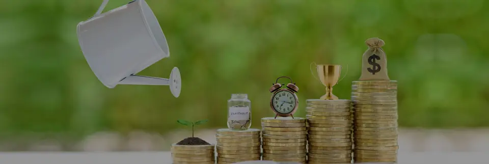 Stacks of coins growing beside a watering can, symbolising long-term wealth